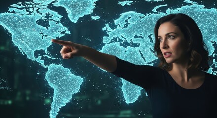 Woman interacting with glowing world map display for global data analysis and business strategy