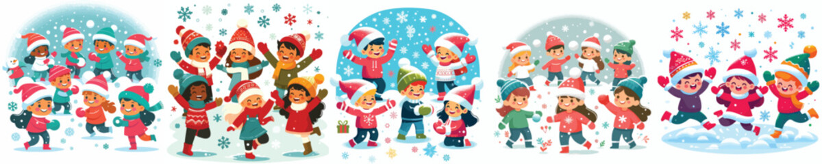 Kids Playing in the Snow. Vektor, design, minimalist, illustrations, set icon