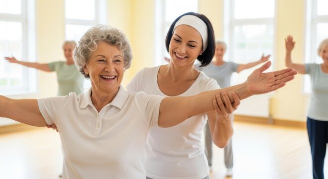 Seniors engaging in fitness class with instructor promoting health and wellness - Powered by Adobe