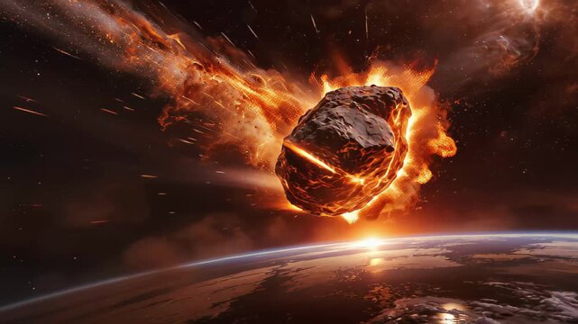 Fiery Asteroid Burning and Breaking Apart Approaching Earth in Space meteor planet