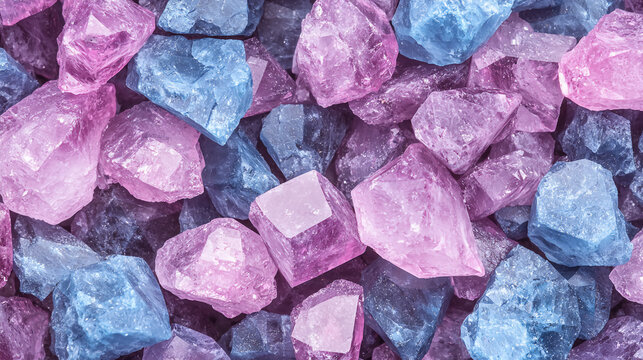 A vibrant collection of pink and blue crystals scattered together, showcasing their unique shapes and textures.
