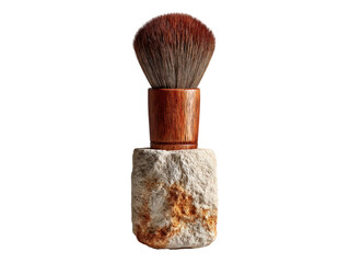 A wooden brush is sitting on a stone pedestal