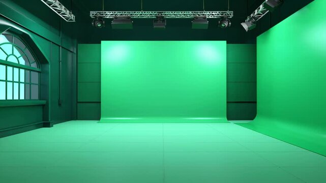 Spacious professional television studio with a large green screen backdrop, modern lighting rigs, and a cyclorama wall for virtual production
