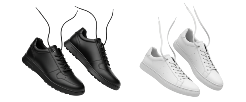 Set of black and white leather sneakers with untied shoelaces floating in the air isolated on white