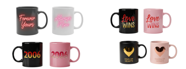 Valentine Couple Mug PNG | Matching Boy and Girl Cups | Heart Love Coffee Mug Design | Cute Romantic Gift | Transparent Background Clipart