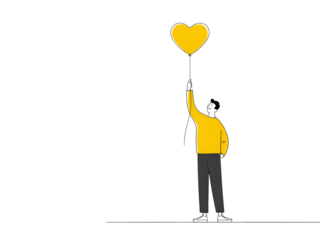 A man holding a yellow balloon with a heart on it