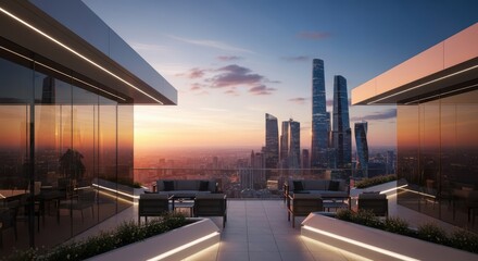 Modern cityscape architecture at sunset with dramatic sky reflections and urban skyline