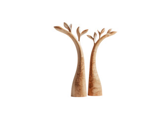 Two wooden trees are standing next to each other on a white background