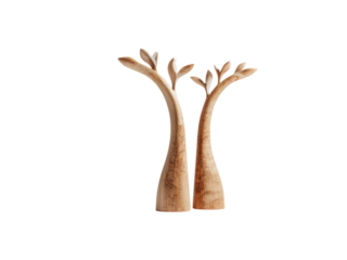 Two wooden trees are standing next to each other on a white background