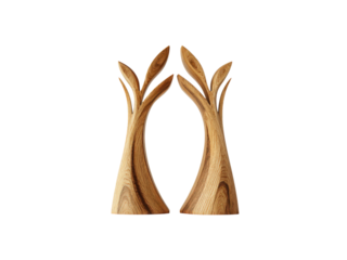 Two wooden trees are standing next to each other