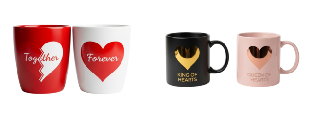 Valentine Couple Mug PNG | Matching Boy and Girl Cups | Heart Love Coffee Mug Design | Cute Romantic Gift | Transparent Background Clipart