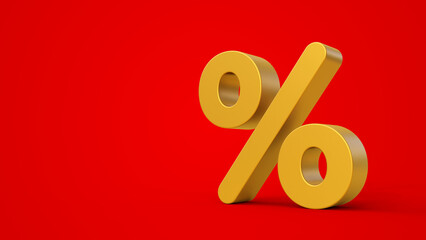 Seasonal sales background with percent discount symbol. Percentage sign isolated on a red background. Golden or yellow percentage symbol with space for text.