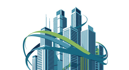 Modern skyscrapers with flowing green and blue ribbons symbolizing growth and progress in urban development.