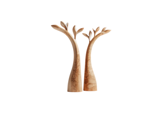 Two wooden trees are standing next to each other on a white background