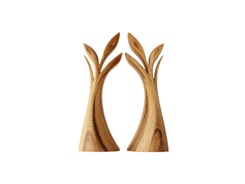 Two wooden trees are standing next to each other