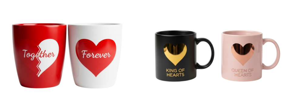 Valentine Couple Mug PNG | Matching Boy and Girl Cups | Heart Love Coffee Mug Design | Cute Romantic Gift | Transparent Background Clipart