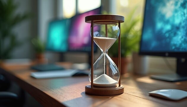 Hourglass on office desk with computers and plants. Time passes quickly in the modern workplace. Meeting deadlines and planning projects is important for business growth.