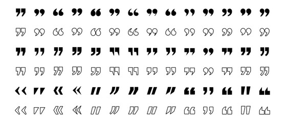 Quotation marks icon set, double quote symbol vector illustration, black quote icons in line and flat style, discussion and dialog remark signs, open and close quote symbols, vector graphic on transpa