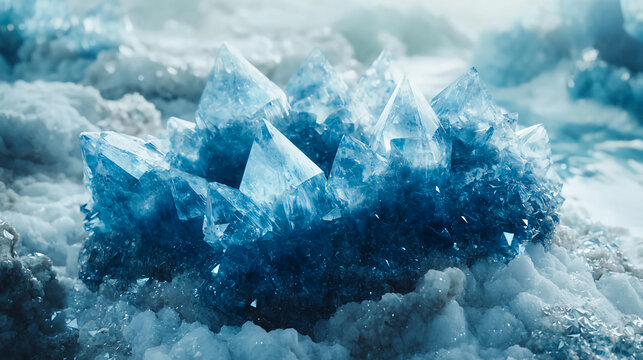 A stunning cluster of blue crystals emerges from a snowy landscape, radiating light and beauty in a tranquil, icy environment.