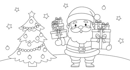 A charming coloring page featuring Santa Claus holding gifts next to a decorated Christmas tree in a snowy scene.