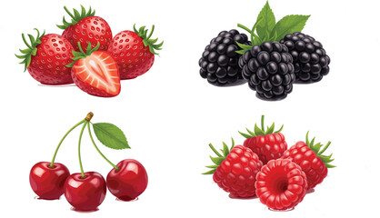 Vibrant Berry Fruit Vector Collection Featuring Fresh Strawberries, Blackberries, Raspberries, and Cherries, Excellent for Food and Dessert Packaging Design.