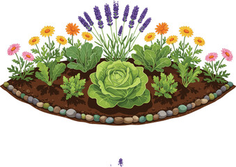 Vibrant Home Garden Bed Vector with Cabbage, Lavender, and Colorful Flowers, Ideal for Gardening, Nature, and Organic Farming Concepts.Vibrant Home Garden Bed Vector with Cabbage, 