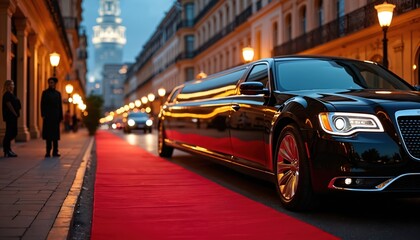 Black limousine arrives on red carpet for formal night event. People wait on sidewalk near luxury car. City street lined with lights and buildings.