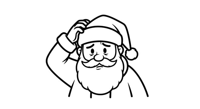 Black and white cartoon illustration of Santa Claus looking confused and scratching his head, with a thoughtful expression.