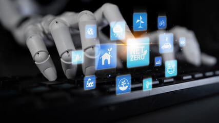 AI-assisted net zero and sustainability concepts with environmental balance, digital sustainability , green energy goals, and eco-conscious digital business transformation for future. Entice