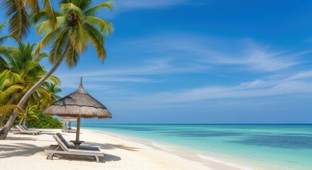 Serene tropical beach paradise with palm trees beach chairs and umbrella under blue sky