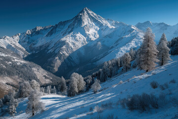 Fototapeta premium Paysages de montagne enneigée sous ciel bleu en hiver, sommets alpins, forêt givrée et vallées recouvertes de neige