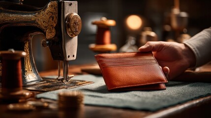 Crafting a luxurious leather wallet artisan workshop handmade goods cozy studio close-up view craftsmanship and quality