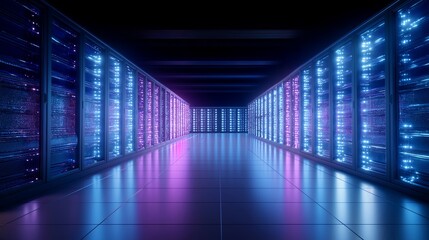 Fototapeta premium A long aisle of LED-lit server racks glowing in blue and magenta tones, with reflections on polished floors — futuristic data center atmosphere emphasizing high-performance computing and modern