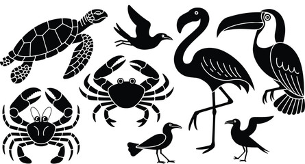 Sea and air animals illustration black silhouettes on white background