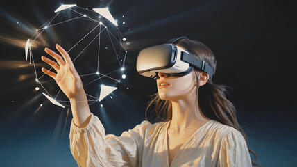 Immersive VR experience with a woman exploring virtual reality, unlocking new dimensions in gaming and digital art, a cutting edge technology adventure