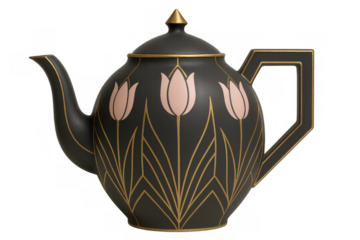 Black art deco teapot with golden trim and pink tulip motif isolated on transparent background