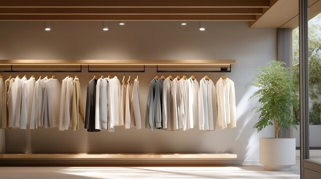 Luxury boutique-style dry-cleaning interior featuring minimalist décor, neutral colors, and rows of freshly pressed garments hanging under soft lighting — lifestyle-oriented imagery emphasizing