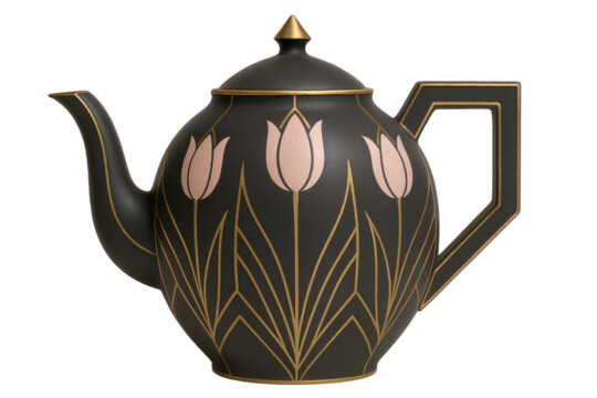 Black art deco teapot with golden trim and pink tulip motif isolated on transparent background