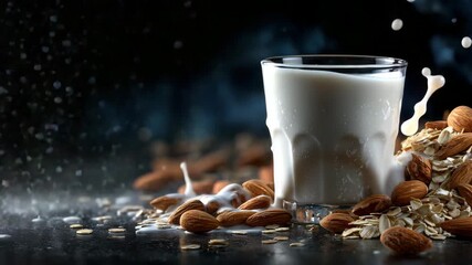 216Macro perspective of almond milk splashing from a glass, droplets suspended in mid-air, almonds and oat flakes scattered on reflective black surface, high-detail textures with cine - Powered by Adobe