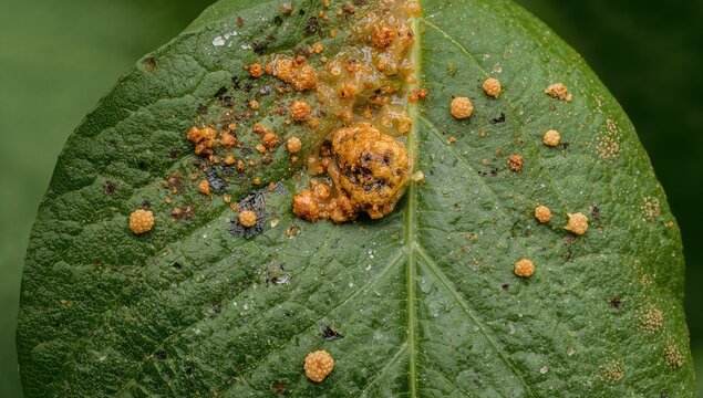 Close-up of the upper side of a leaf showing orange-brown gelatinous aeciospore spots from Gymnosporangium sabinae infection on a pear tree
