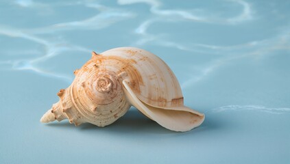 Seashell resting on a blue surface, ideal for use as a decorative background