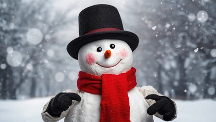 Snowman adorned with hat and scarf in a winter landscape, seasonal cheer