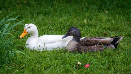Obraz premium Two gray and white ducks resting on lush green grass, a scene of tranquility