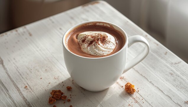 Cocoa in a cup with white milk, a warm drink ideal for breakfast, fiber-dense choice