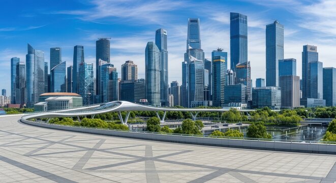 Modern cityscape panorama with tall skyscrapers and lush greenery under a blue sky - Powered by Adobe