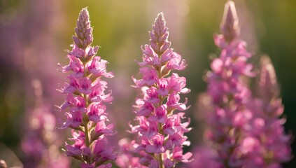 Obraz premium Close-up view of blooming pink annual sage flowers, highlighting their vibrant appearance and seasonal beauty