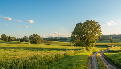 Obraz premium Scenic agricultural landscape featuring fields and crops, showcasing rural beauty, Earth Day