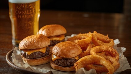 Mini burgers topped with cheese and accompanied by onion rings, ideal for a casual dining experience, National Burger Day