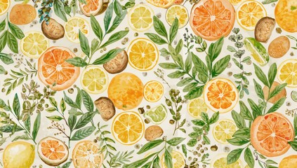 Hand-painted design featuring tea leaves and citrus fruits including lemon, grapefruit, orange, mint, and lime, beneficial beverage options