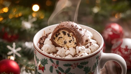 Melting chocolate bomb filled with marshmallows, cookies and cream flavor, a rich dessert choice